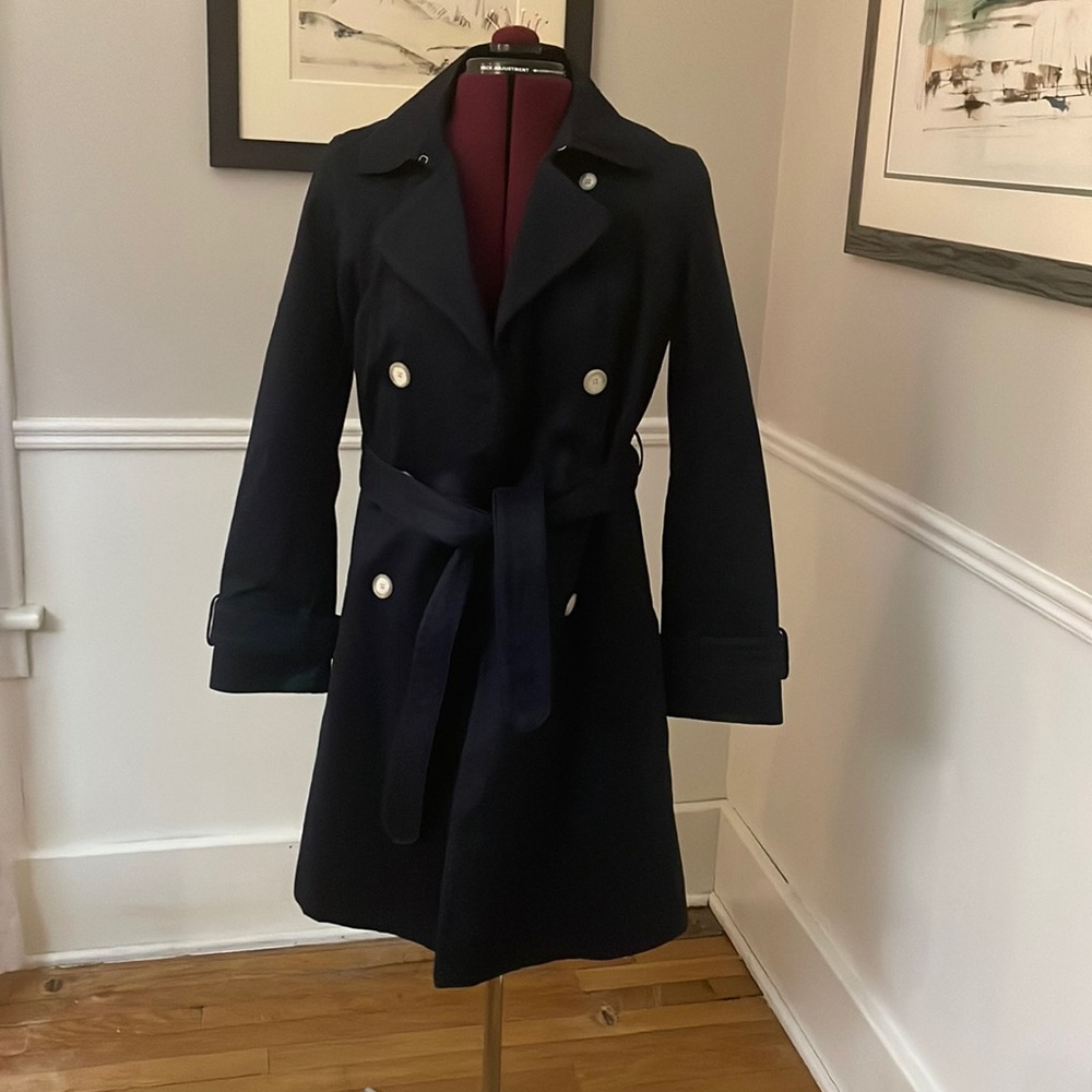 Coach Navy Tan Signature Double Breasted Belted Trench Coat Jacket